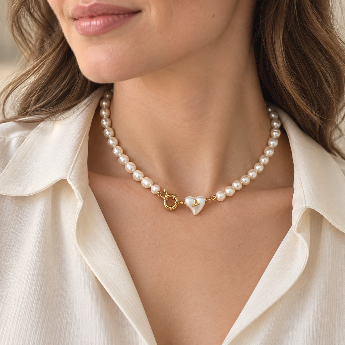 Freshwater Pearl Necklace with Gold-Tone Heart Charm