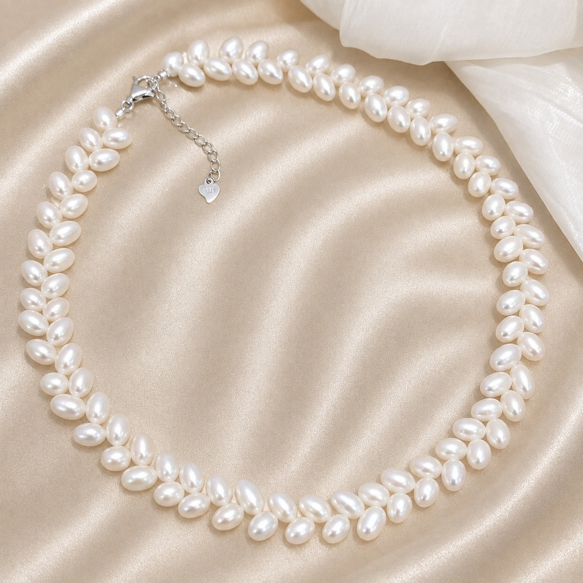 Rice-Shaped Freshwater Pearl Necklace – Wheat-Inspired Sterling Silver Choker