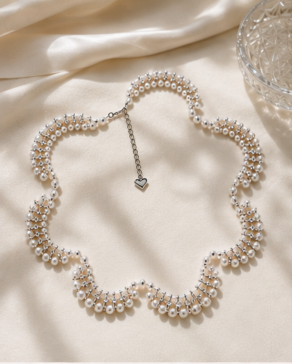 French-Inspired Thoughtfully Selected Graduated Freshwater Pearl Necklace with Lace Petal Details
