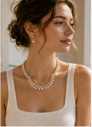 French-Inspired Thoughtfully Selected Graduated Freshwater Pearl Necklace with Lace Petal Details