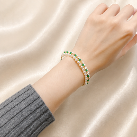 3–4mm Freshwater Pearl & Green Spinel Bracelet – 14K Gold-Filled Accents