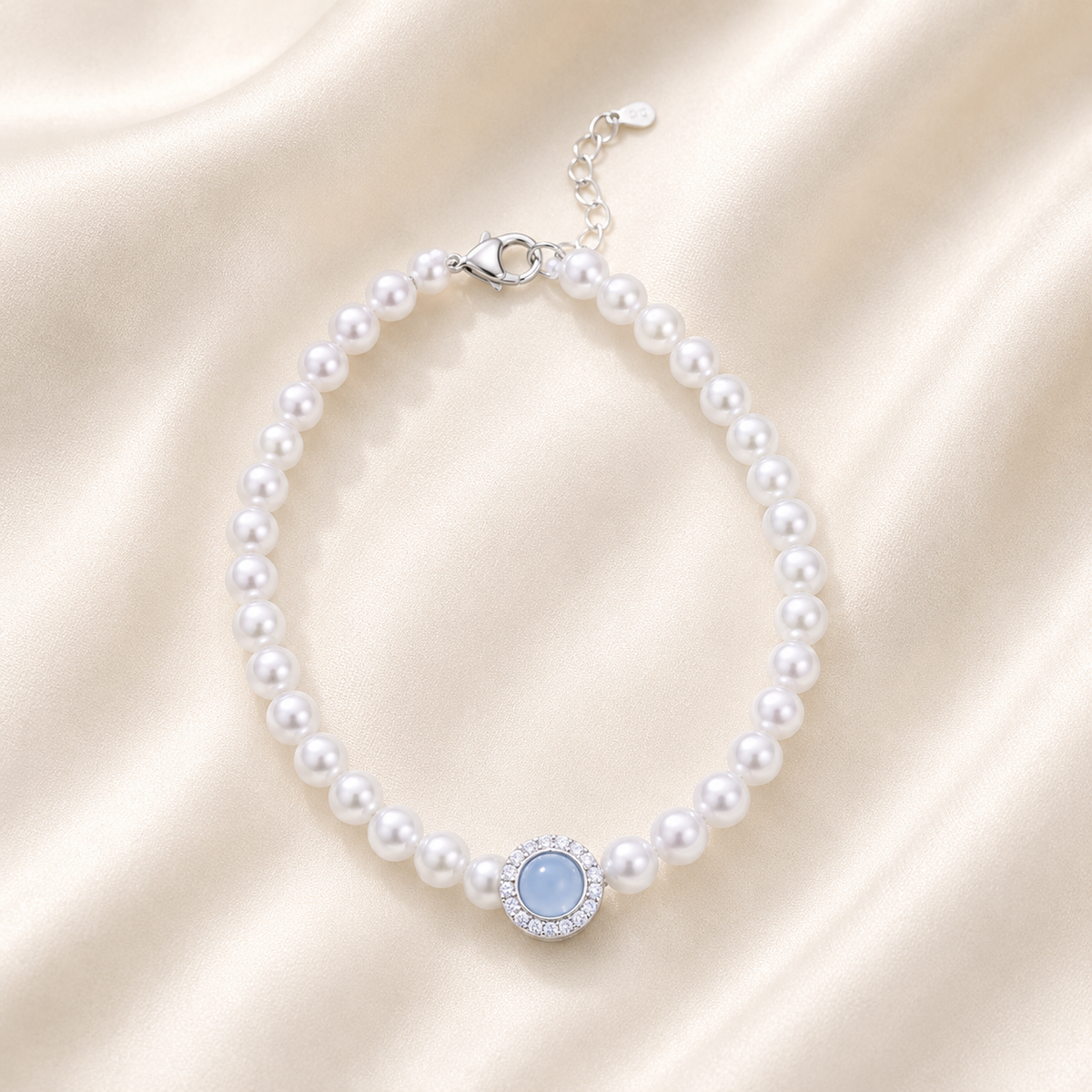 4–5mm Freshwater Pearl & Aquamarine Bracelet – 925 Sterling Silver