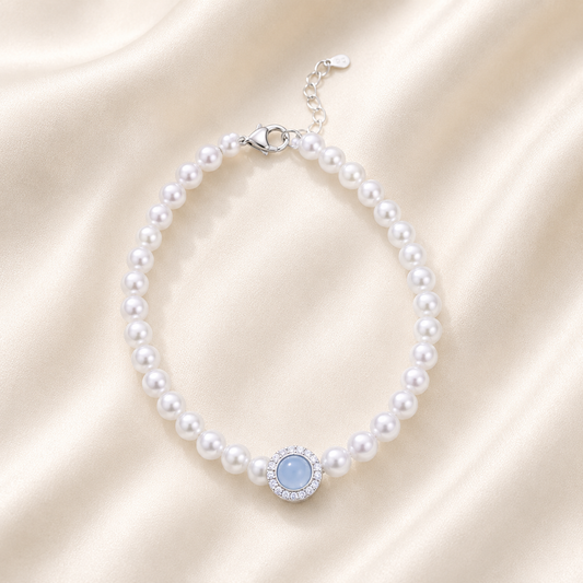 4–5mm Freshwater Pearl & Aquamarine Bracelet – 925 Sterling Silver