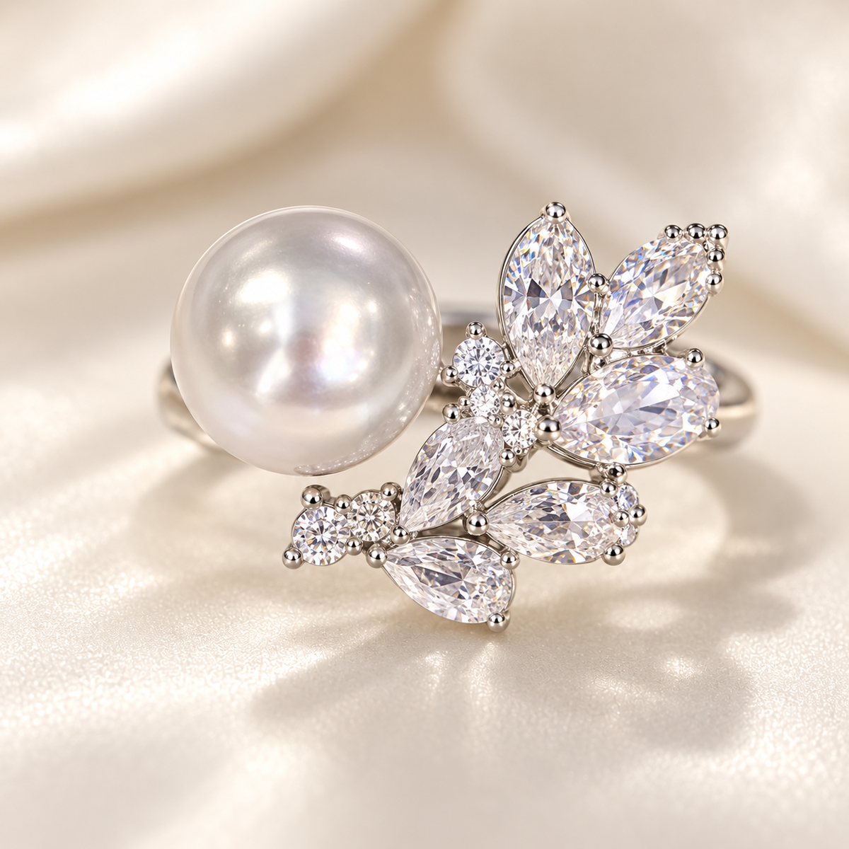 9–10mm round freshwater pearl feather ring in 925 sterling silver with sparkling accents
