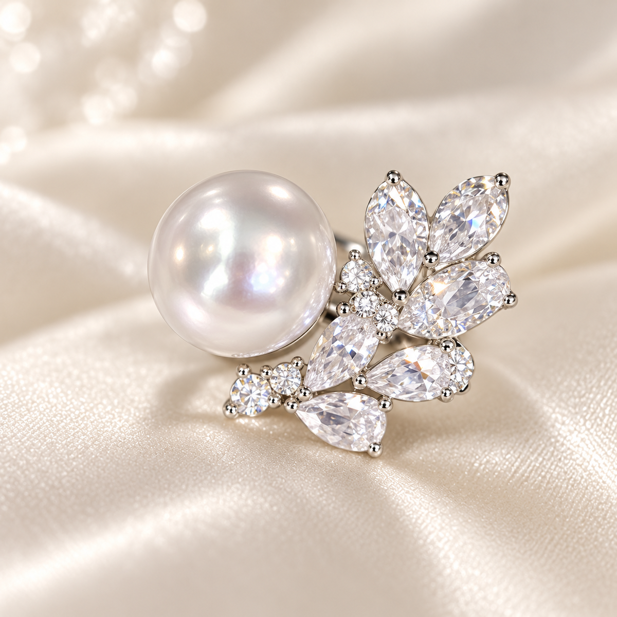 9–10mm round freshwater pearl feather ring in 925 sterling silver with sparkling accents