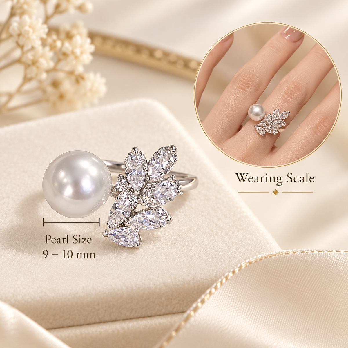 9–10mm round freshwater pearl feather ring in 925 sterling silver with sparkling accents