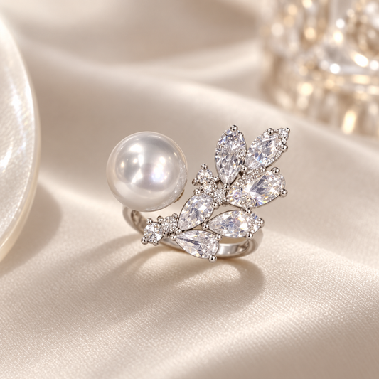 9–10mm round freshwater pearl feather ring in 925 sterling silver with sparkling accents