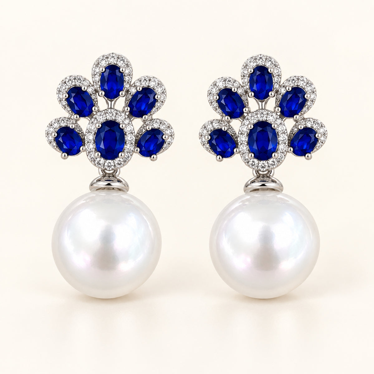 11–12mm Freshwater Pearl & Royal Blue Sterling Silver Earrings