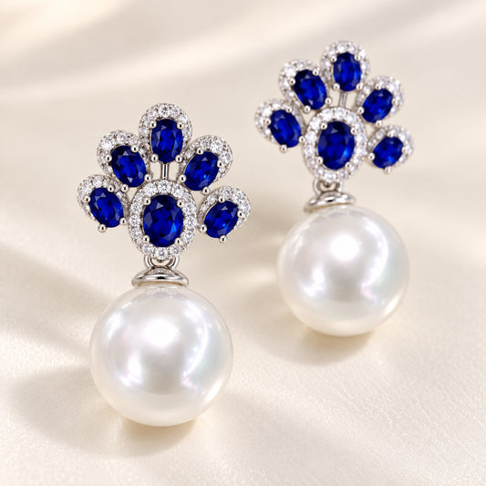 11–12mm Freshwater Pearl & Royal Blue Sterling Silver Earrings