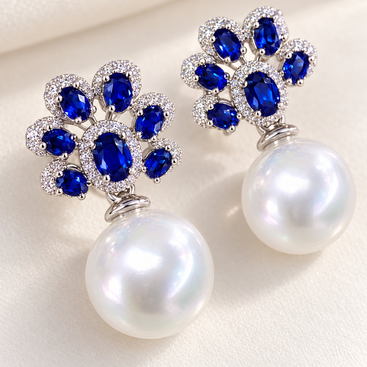 11–12mm Freshwater Pearl & Royal Blue Sterling Silver Earrings