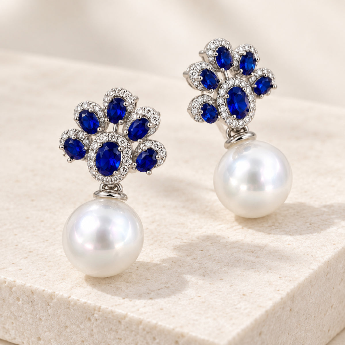 11–12mm Freshwater Pearl & Royal Blue Sterling Silver Earrings
