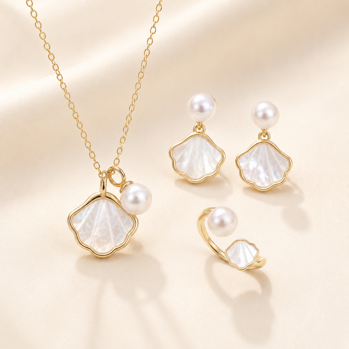 Freshwater Pearl & Shell Jewelry Set – Necklace, Earrings & Ring