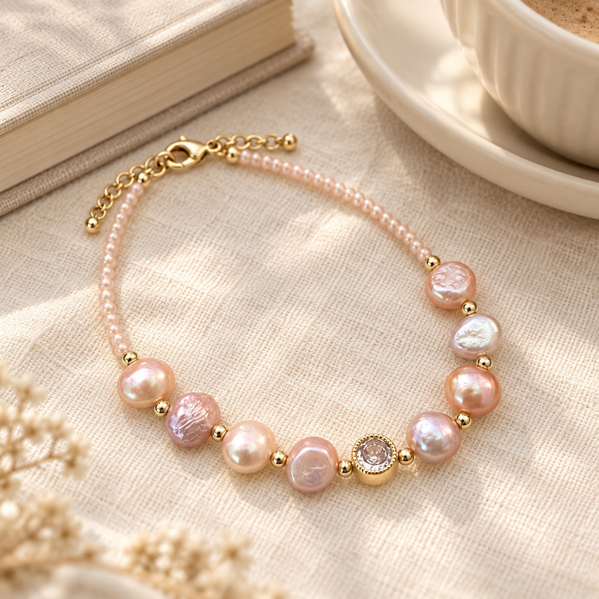 6–7mm Multicolor Freshwater Pearl Bracelet with Gold-Tone Details