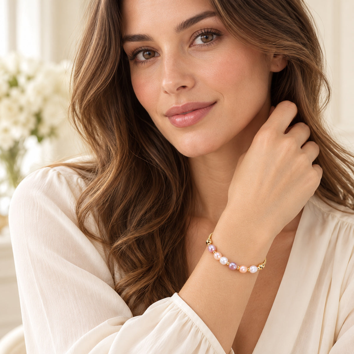 6–7mm Multicolor Freshwater Pearl Bracelet with Gold-Tone Accents