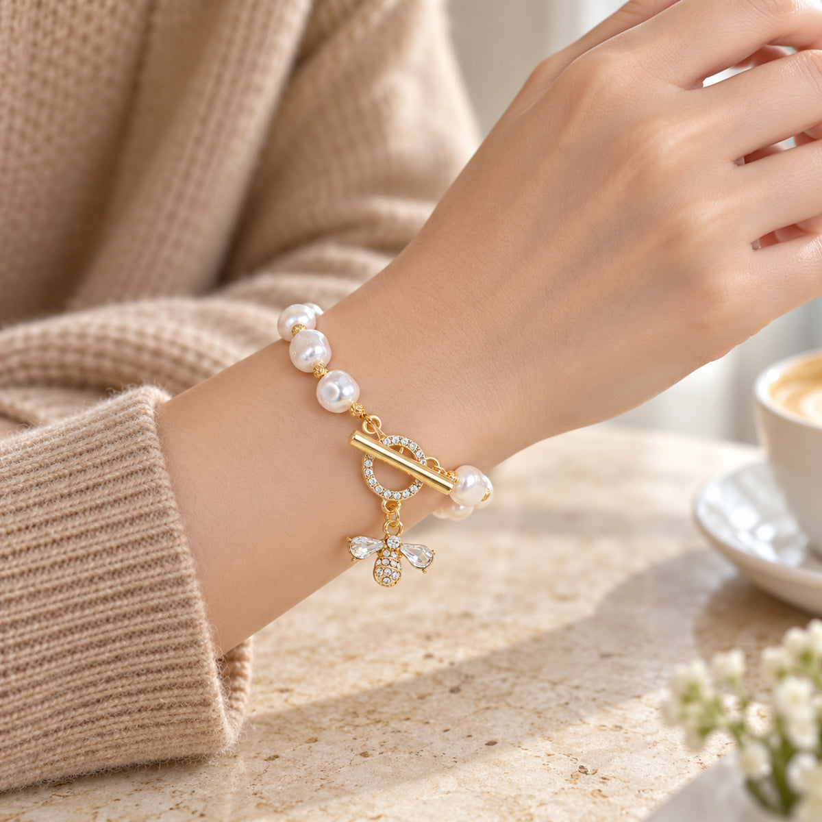 Baroque Freshwater Pearl Bee Charm Bracelet