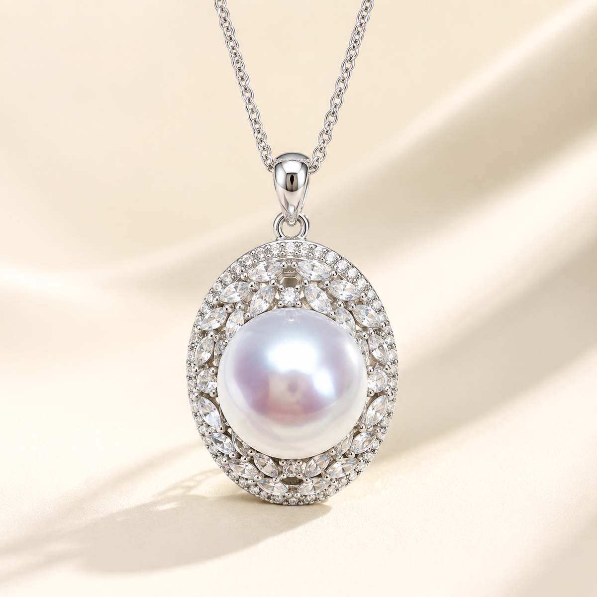 Luminous Freshwater Pearl Pendant Necklace – 925 Sterling Silver Woven Chain