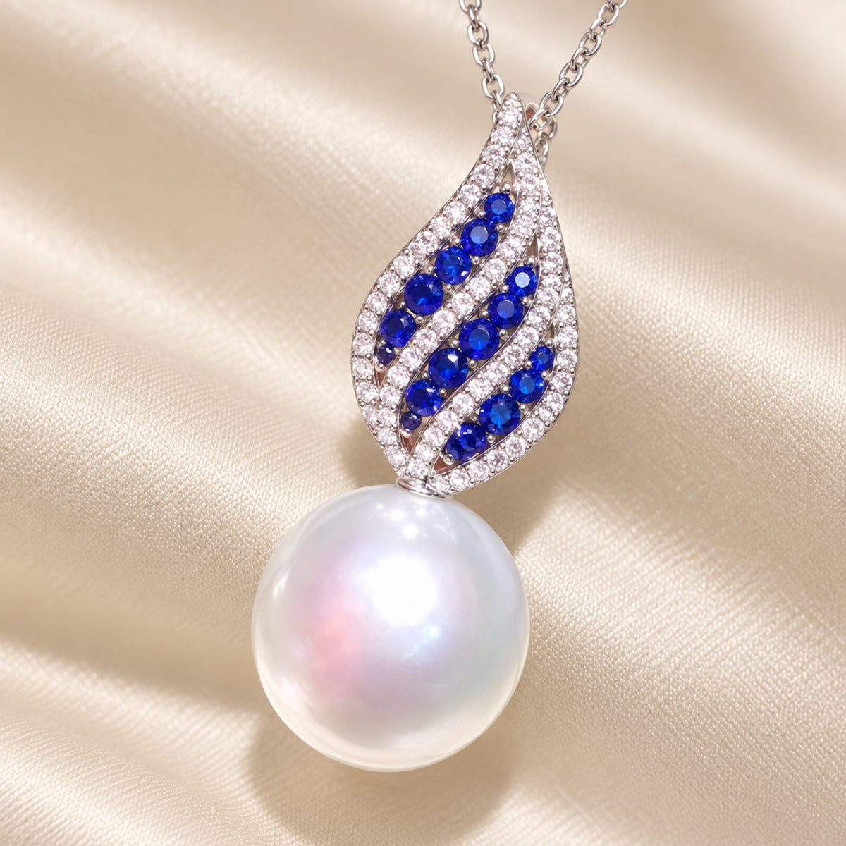 11–12mm Freshwater Pearl Blue Leaf Sterling Silver Necklace