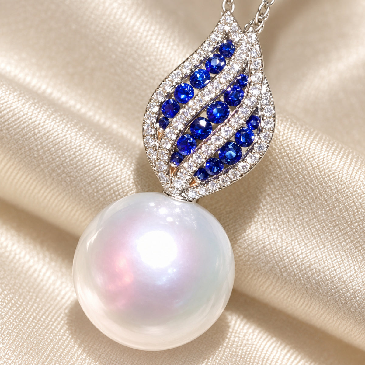 11–12mm Freshwater Pearl Blue Leaf Sterling Silver Necklace