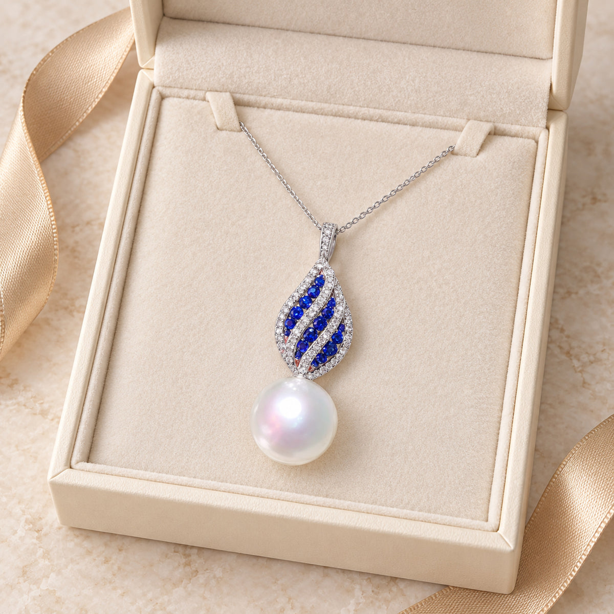 11–12mm Freshwater Pearl Blue Leaf Sterling Silver Necklace
