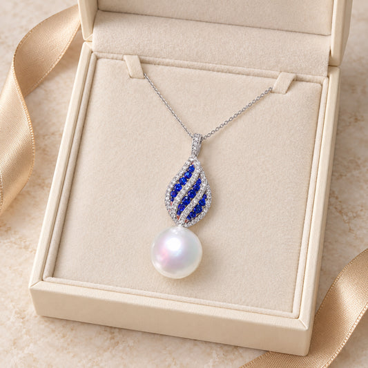 11–12mm Freshwater Pearl Blue Leaf Sterling Silver Necklace