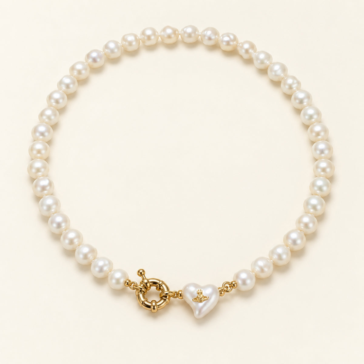 Freshwater Pearl Necklace with Gold-Tone Heart Charm