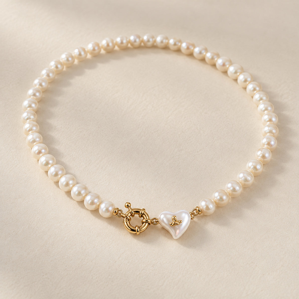 Freshwater Pearl Necklace with Gold-Tone Heart Charm