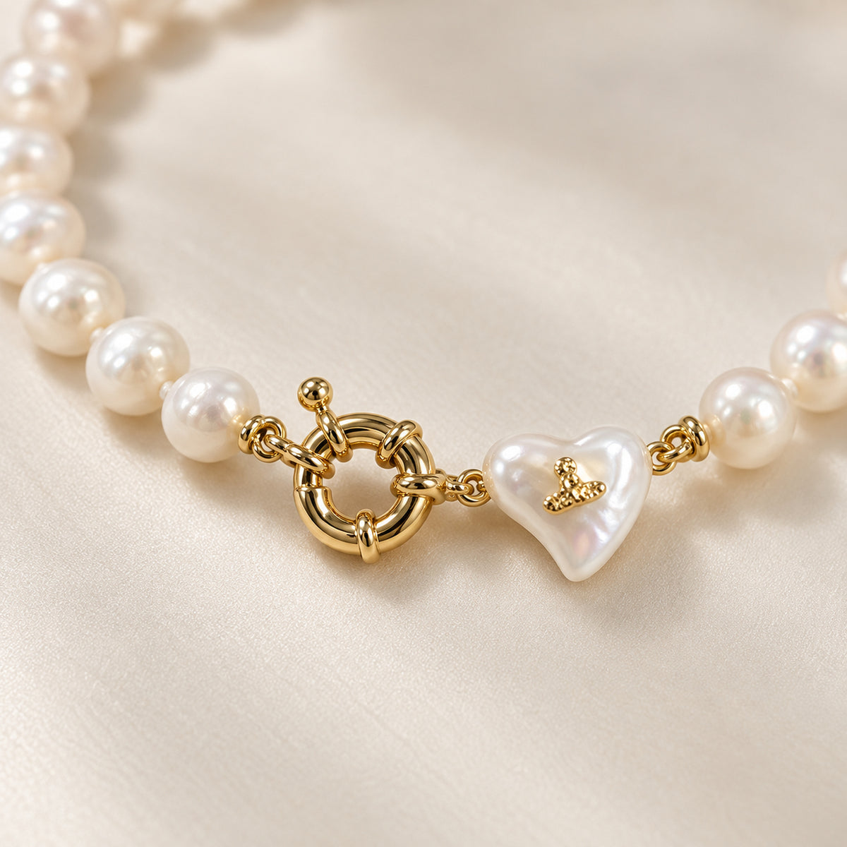Freshwater Pearl Necklace with Gold-Tone Heart Charm