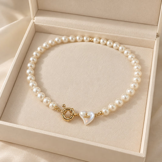 Freshwater Pearl Necklace with Gold-Tone Heart Charm