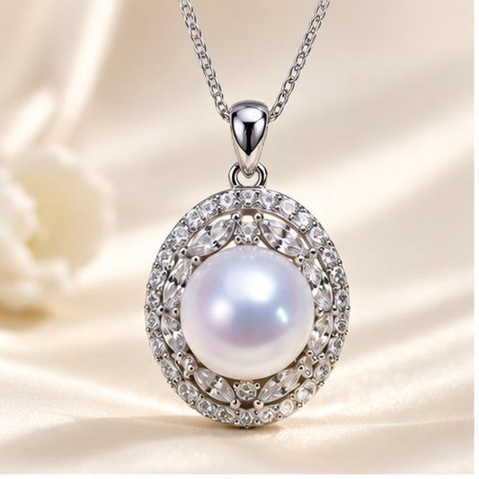 Luminous Freshwater Pearl Pendant Necklace – 925 Sterling Silver Woven Chain