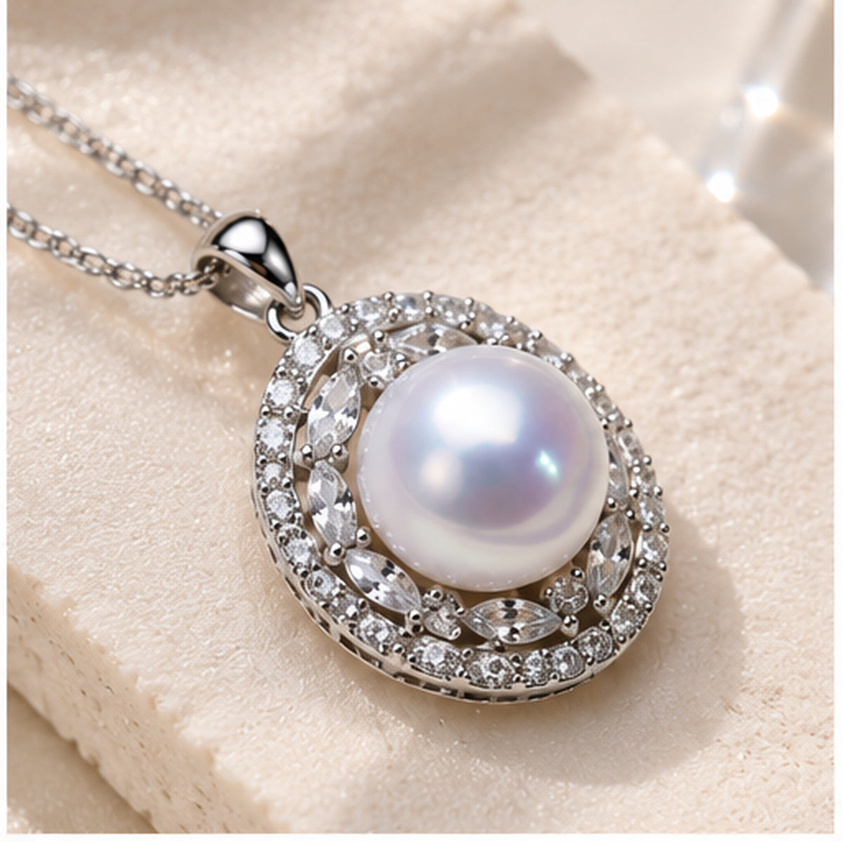 Luminous Freshwater Pearl Pendant Necklace – 925 Sterling Silver Woven Chain