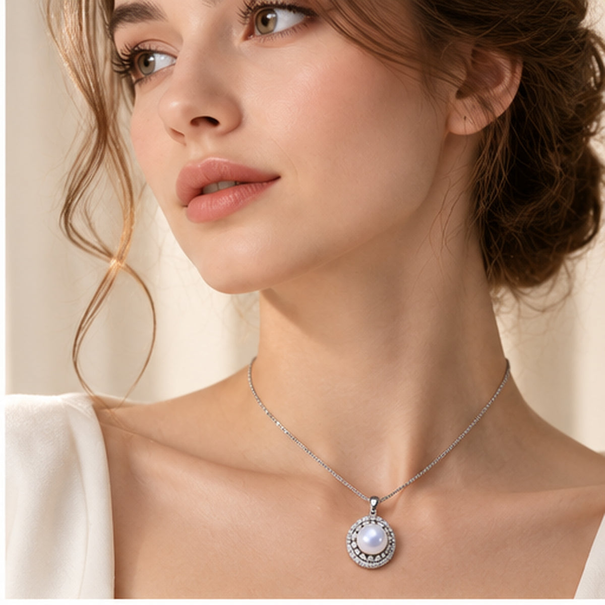 Luminous Freshwater Pearl Pendant Necklace – 925 Sterling Silver Woven Chain