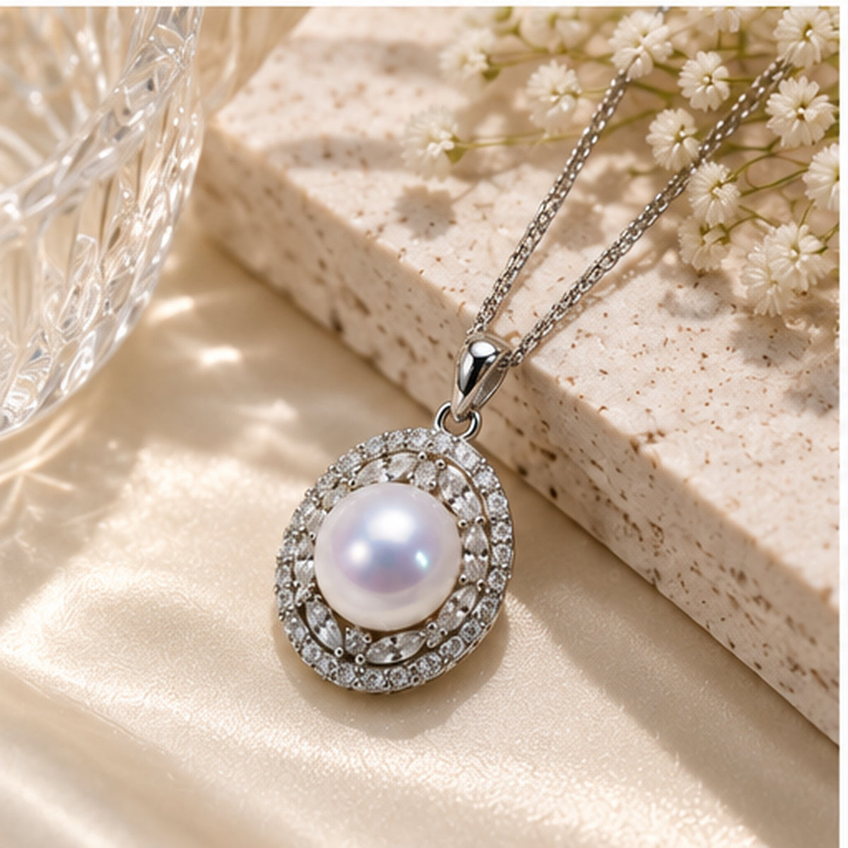 Luminous Freshwater Pearl Pendant Necklace – 925 Sterling Silver Woven Chain