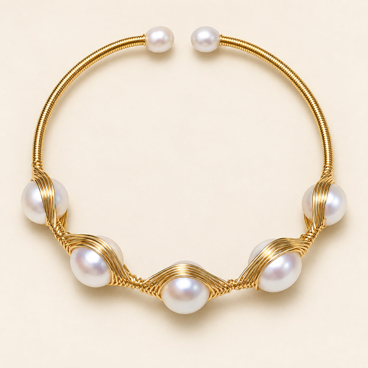 Five-Pearl Wire-Wrapped Freshwater Pearl Cuff Bracelet