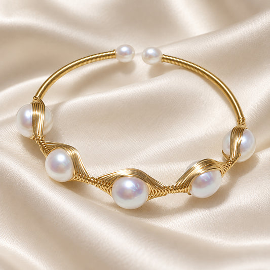 Five-Pearl Wire-Wrapped Freshwater Pearl Cuff Bracelet