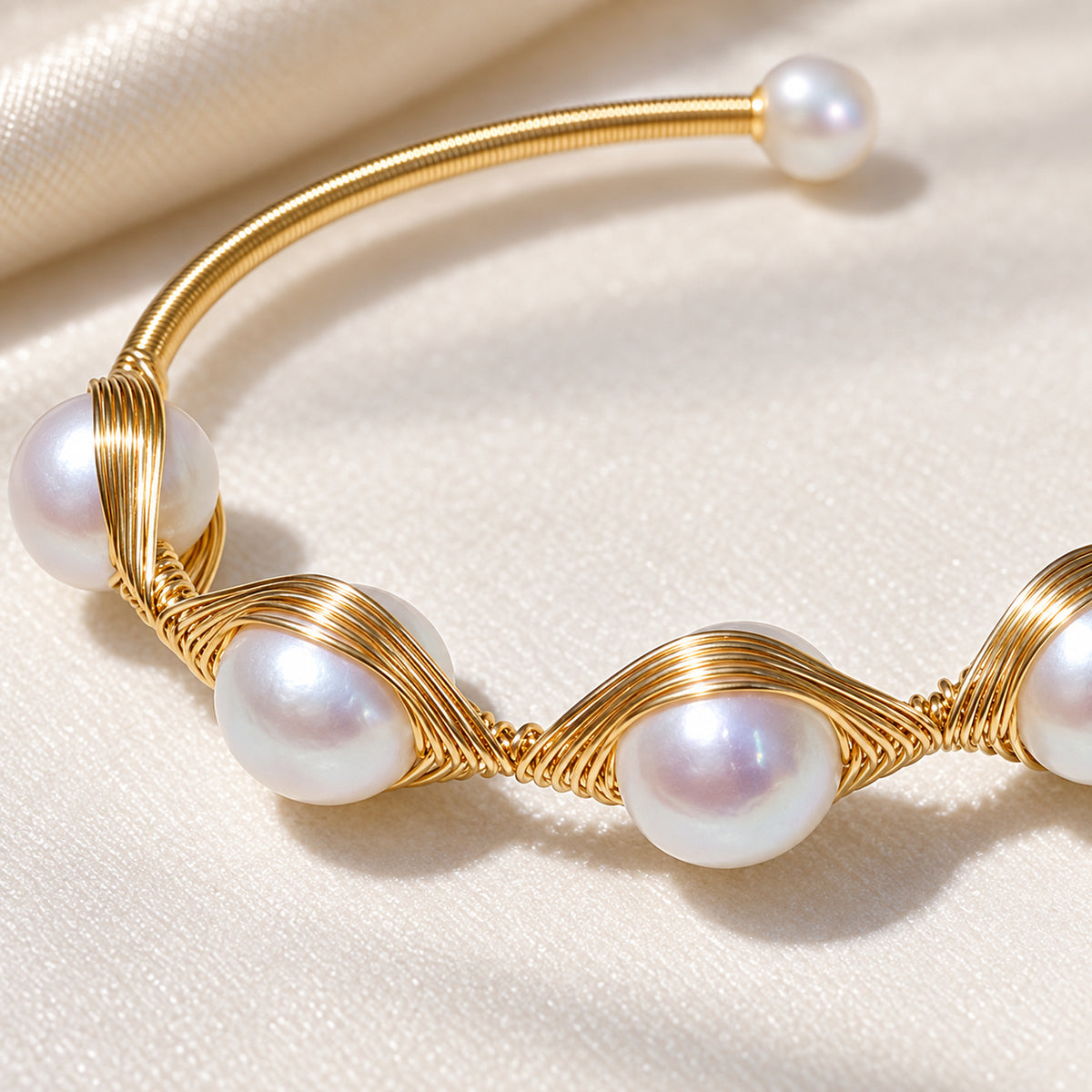 Five-Pearl Wire-Wrapped Freshwater Pearl Cuff Bracelet