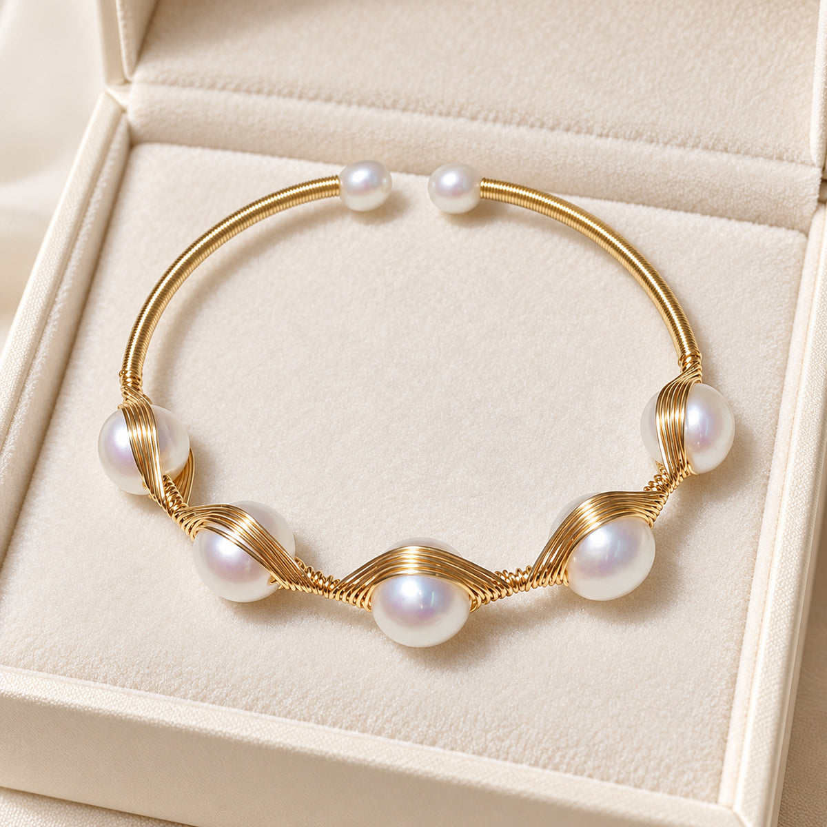 Five-Pearl Wire-Wrapped Freshwater Pearl Cuff Bracelet