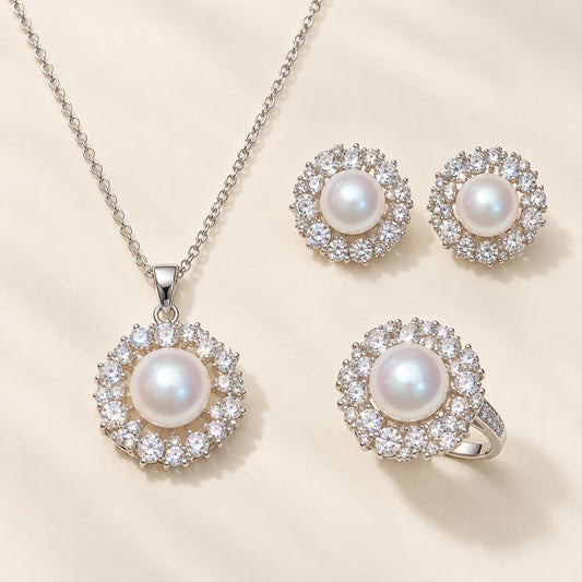Freshwater Pearl Halo Jewelry Set — Necklace, Stud Earrings & Ring