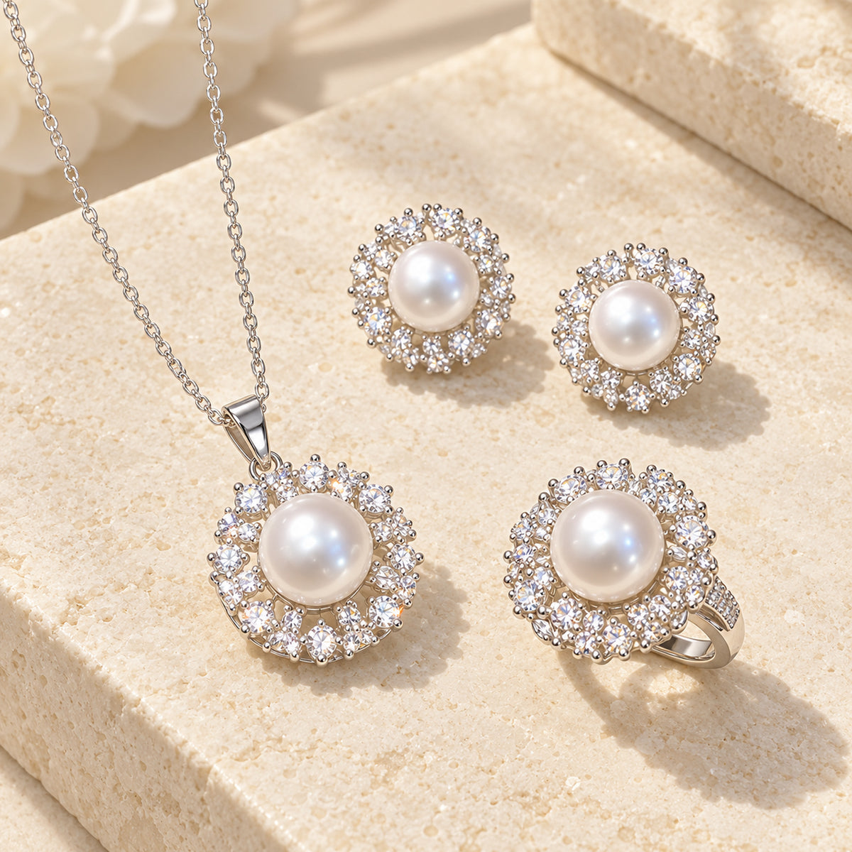Freshwater Pearl Halo Jewelry Set — Necklace, Stud Earrings & Ring
