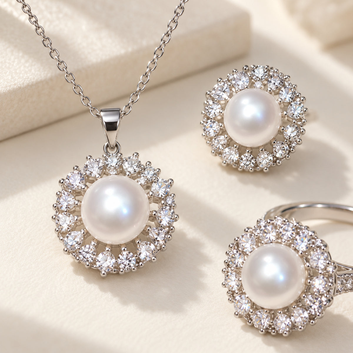 Freshwater Pearl Halo Jewelry Set — Necklace, Stud Earrings & Ring