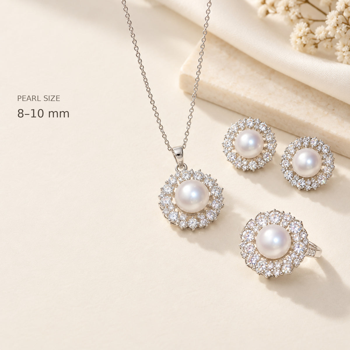 Freshwater Pearl Halo Jewelry Set — Necklace, Stud Earrings & Ring