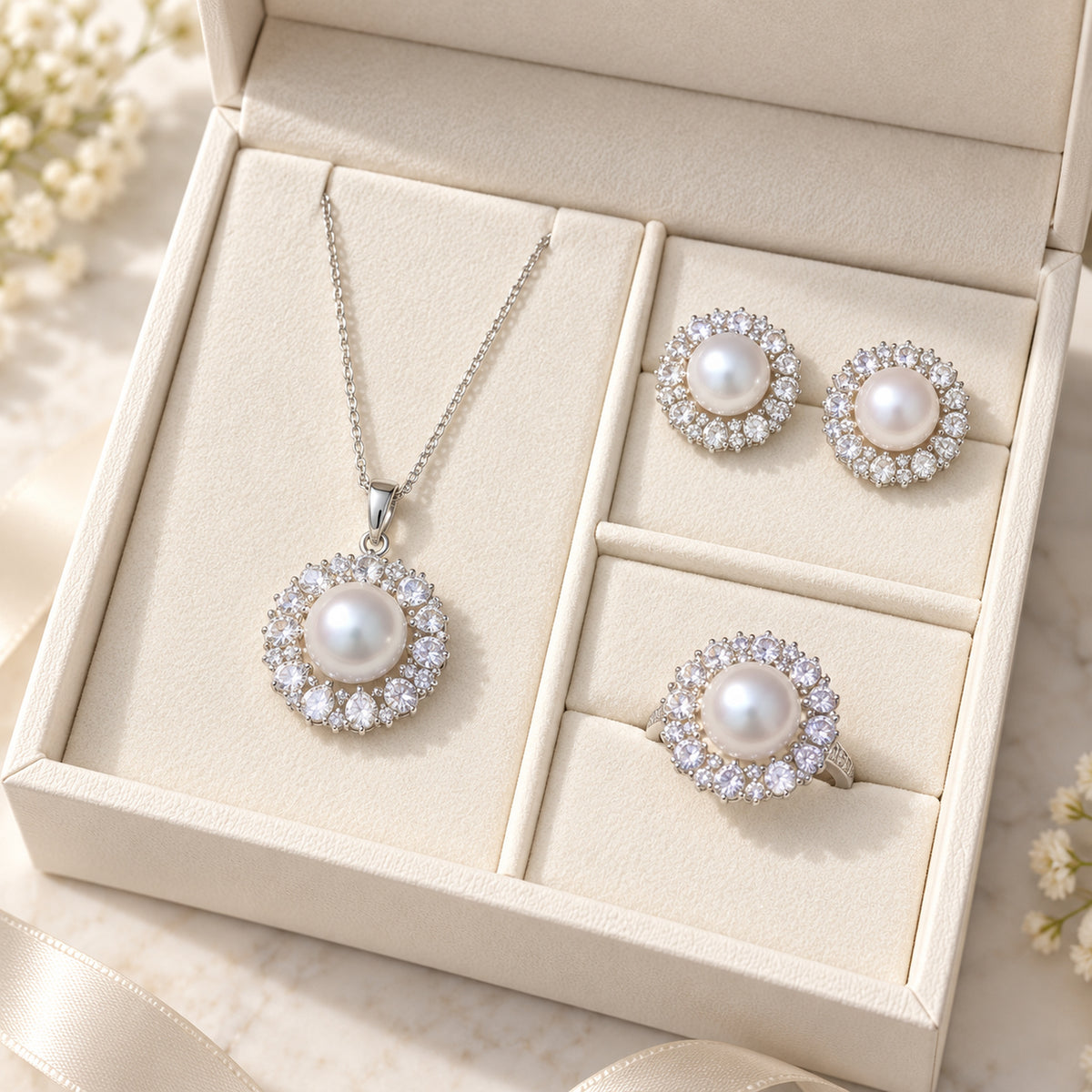 Freshwater Pearl Halo Jewelry Set — Necklace, Stud Earrings & Ring