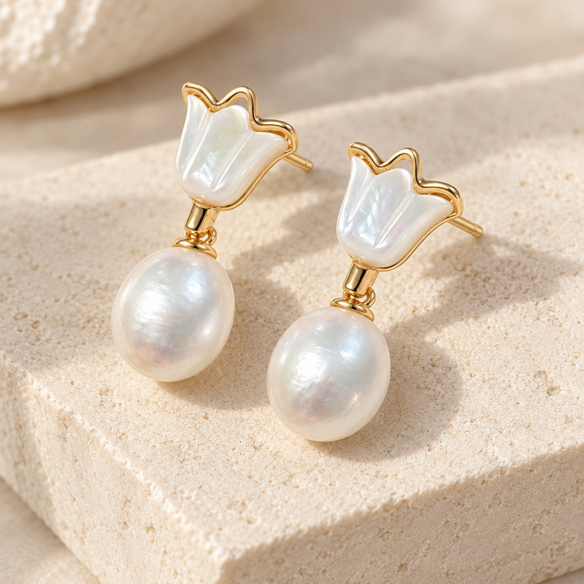 9–10mm White Freshwater Pearl Tulip Drop Earrings
