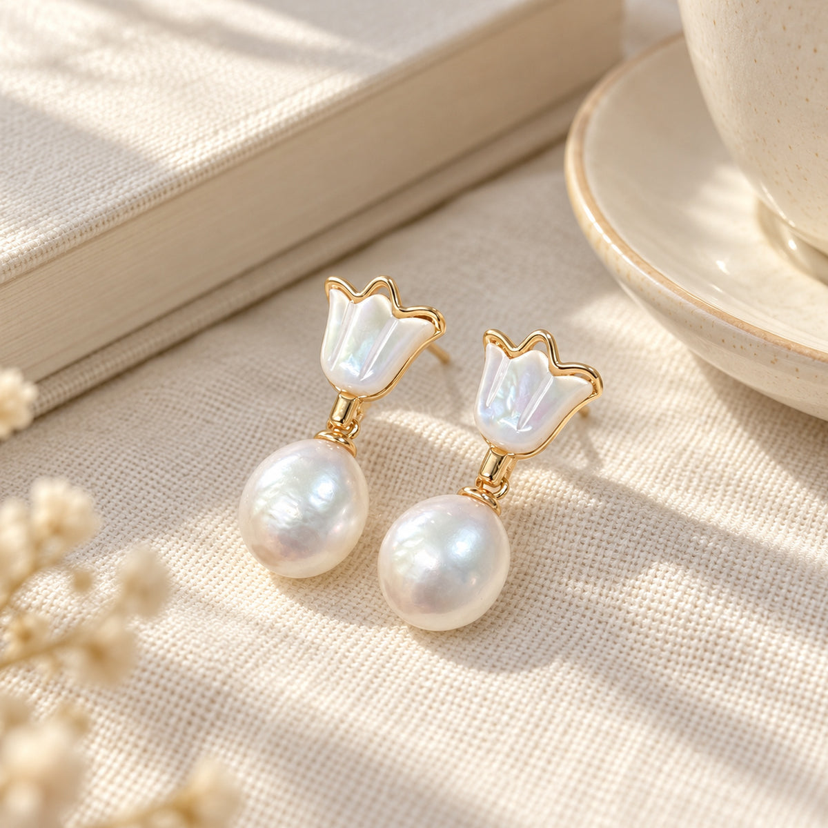 9–10mm White Freshwater Pearl Tulip Drop Earrings