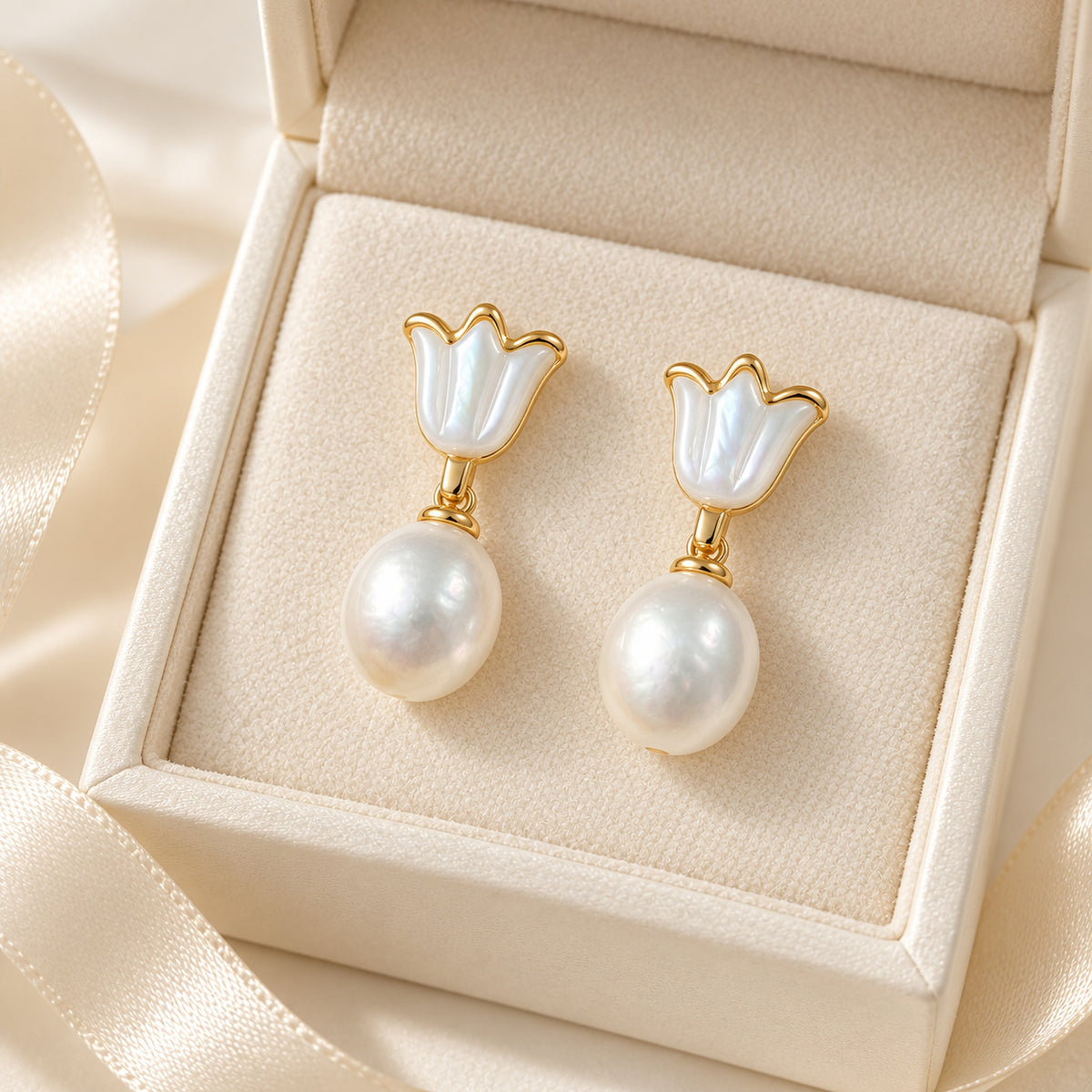 9–10mm White Freshwater Pearl Tulip Drop Earrings