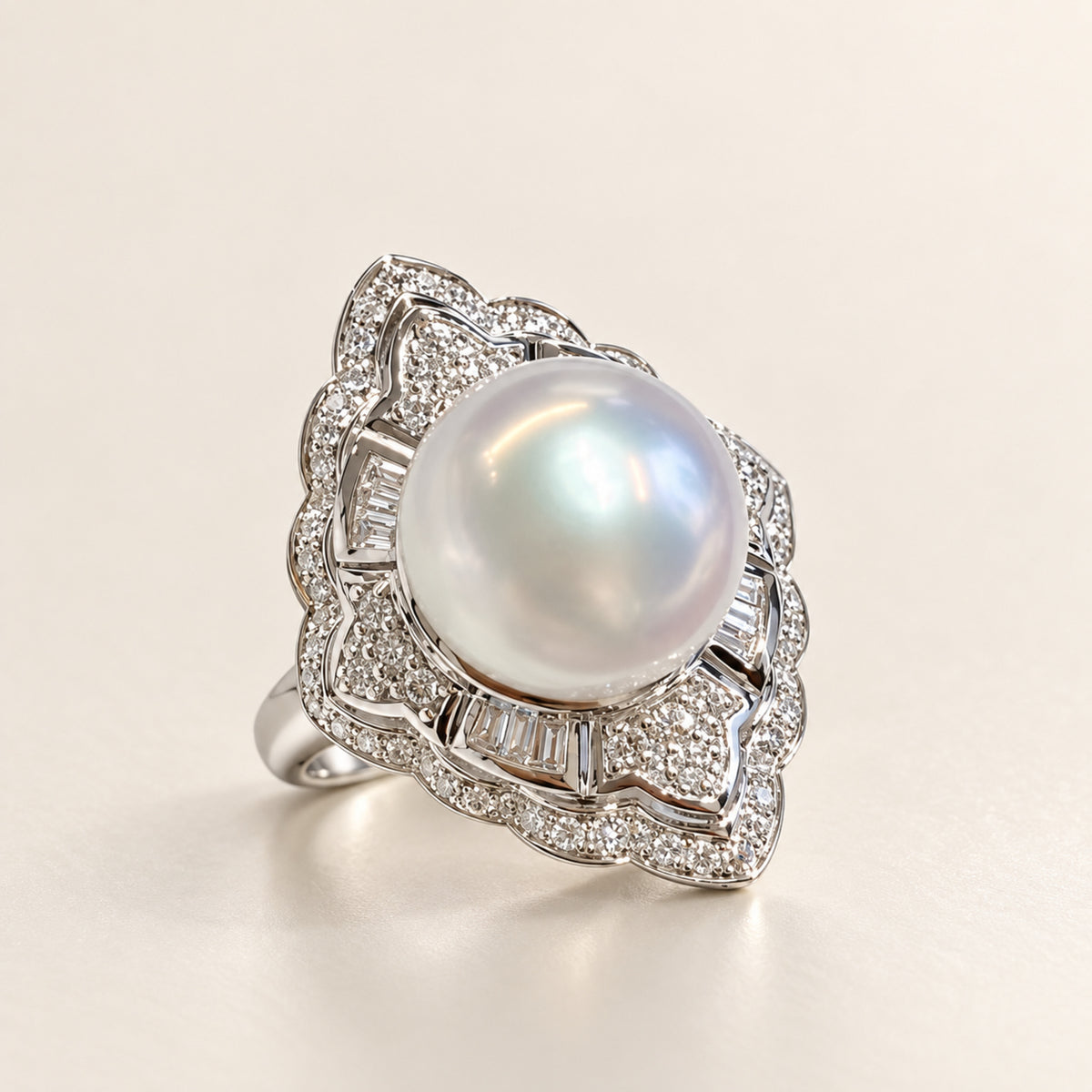 11–12mm White Freshwater Pearl Geometric Halo Ring in S925 Sterling Silver