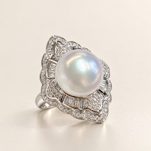 11–12mm White Freshwater Pearl Geometric Halo Ring in S925 Sterling Silver