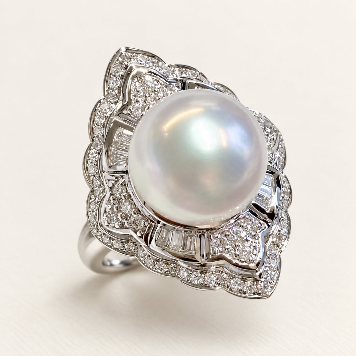 11–12mm White Freshwater Pearl Geometric Halo Ring in S925 Sterling Silver