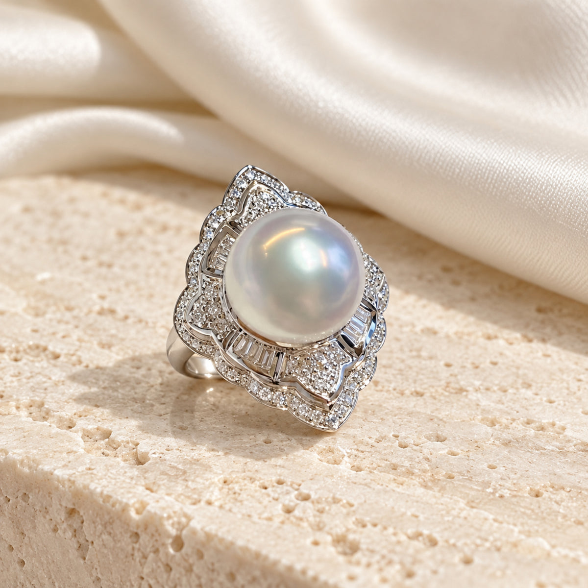 11–12mm White Freshwater Pearl Geometric Halo Ring in S925 Sterling Silver