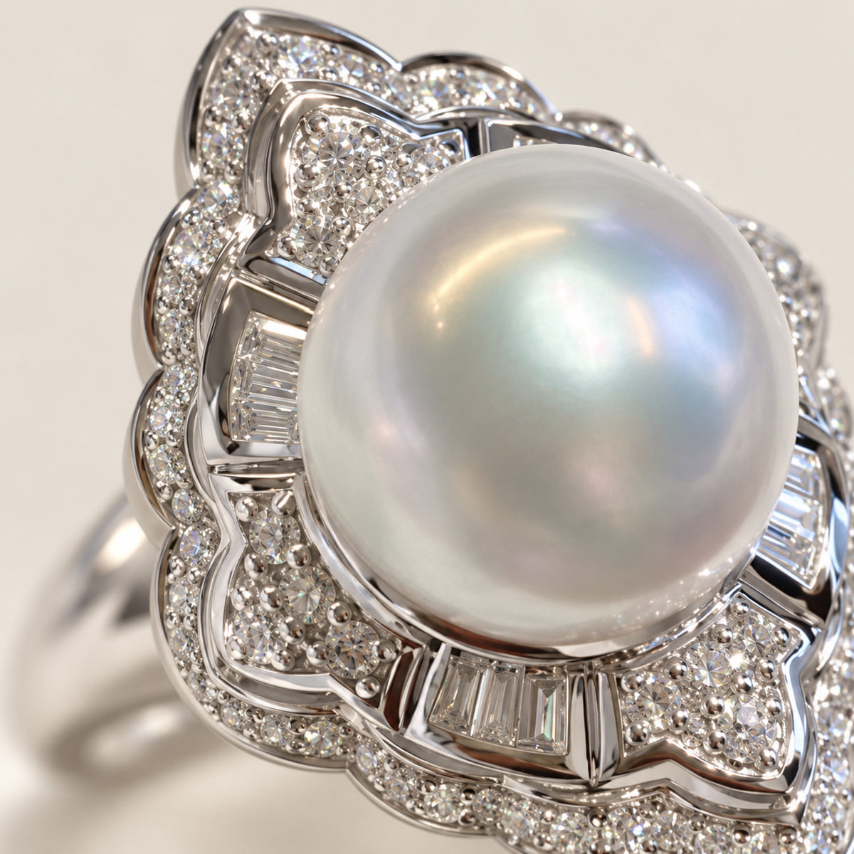11–12mm White Freshwater Pearl Geometric Halo Ring in S925 Sterling Silver