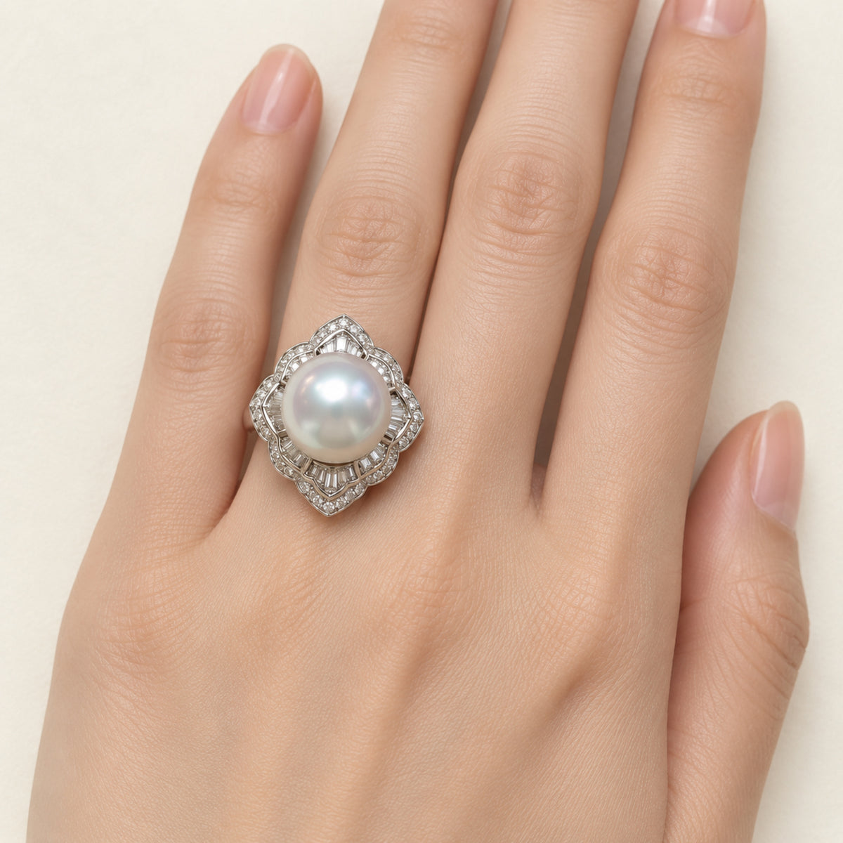 11–12mm White Freshwater Pearl Geometric Halo Ring in S925 Sterling Silver